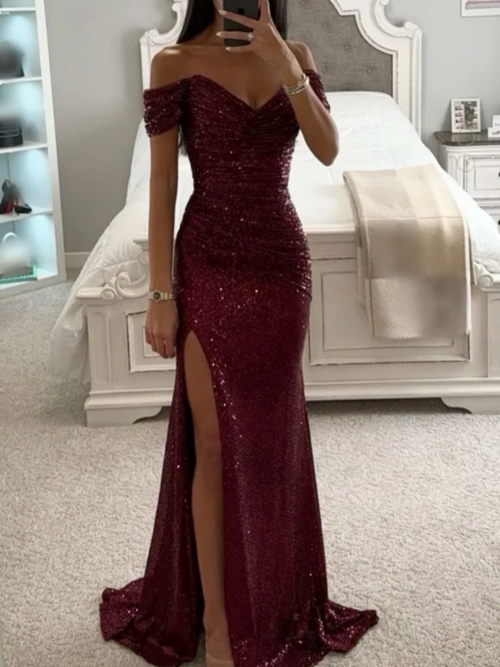 Urban Outfitters Burgundy Sequin Off-Shoulder Prom Gown